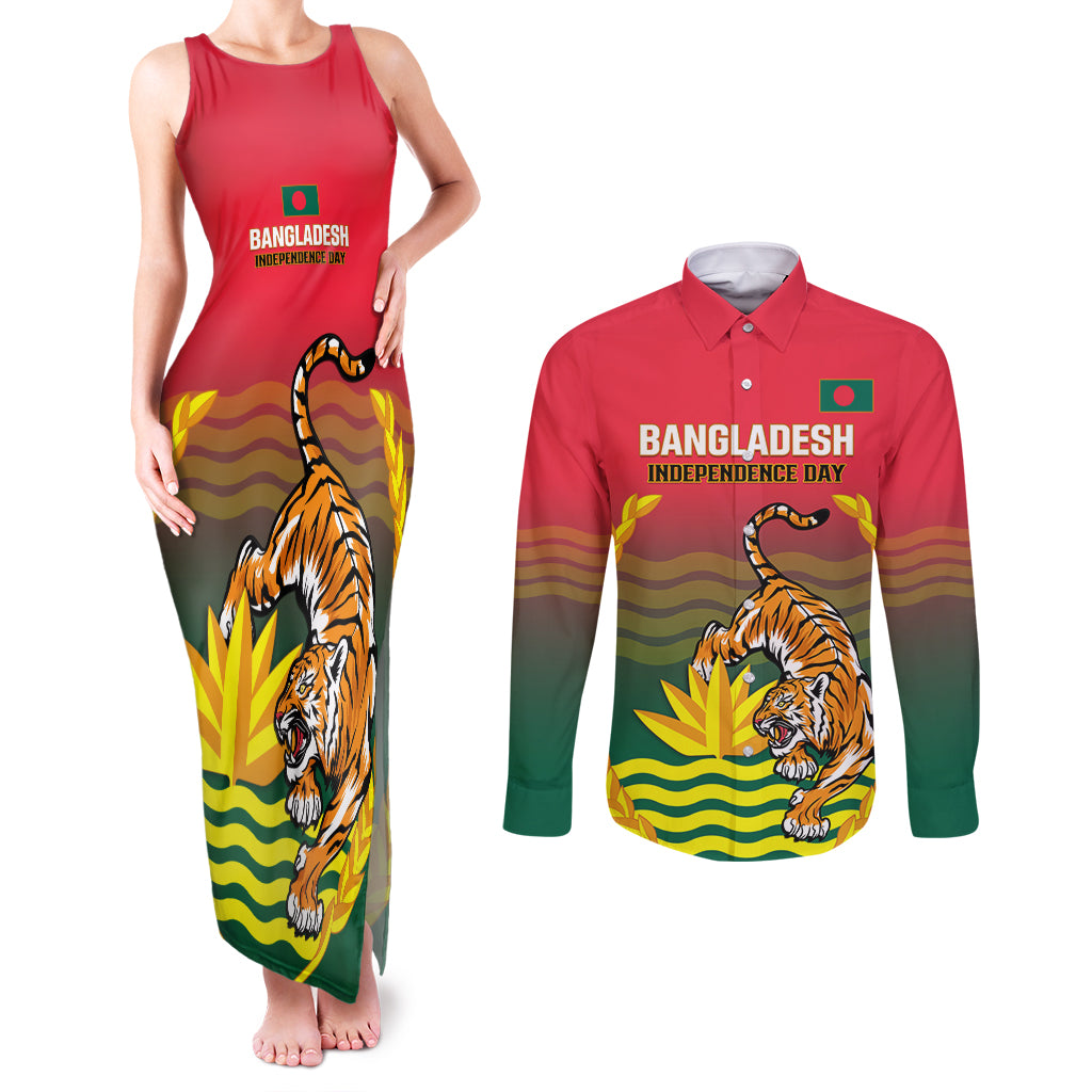 Bangladesh Independence Day Couples Matching Tank Maxi Dress and Long Sleeve Button Shirt Royal Bengal Tiger With Coat Of Arms - Wonder Print Shop