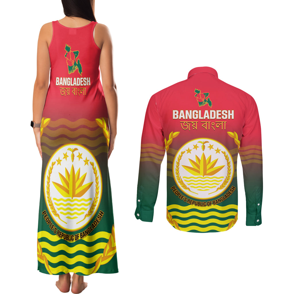 Bangladesh Independence Day Couples Matching Tank Maxi Dress and Long Sleeve Button Shirt Royal Bengal Tiger With Coat Of Arms - Wonder Print Shop