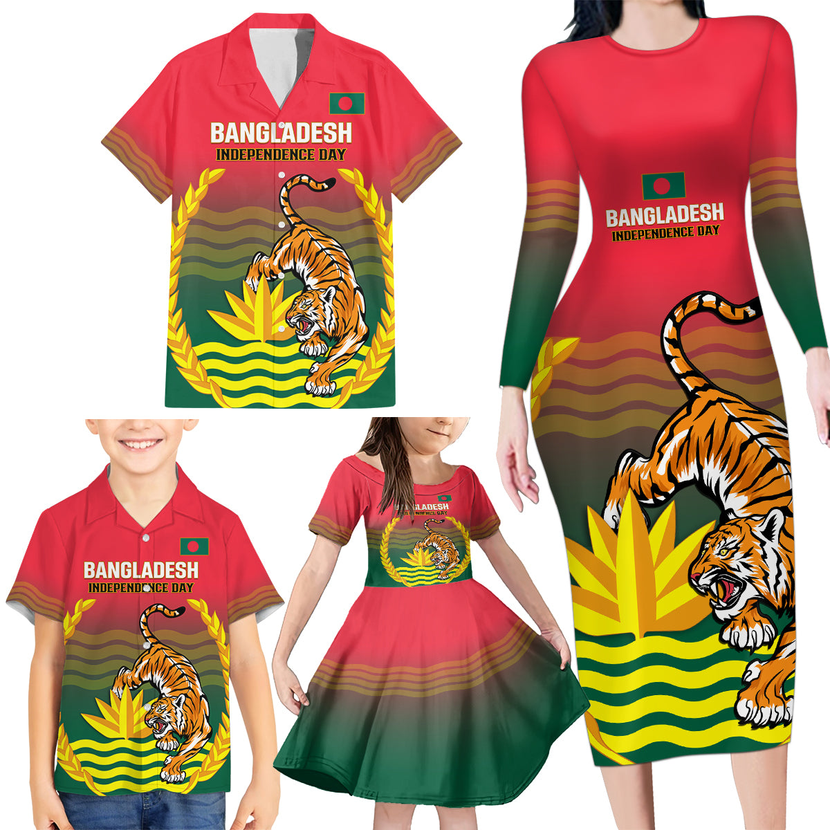 Bangladesh Independence Day Family Matching Long Sleeve Bodycon Dress and Hawaiian Shirt Royal Bengal Tiger With Coat Of Arms