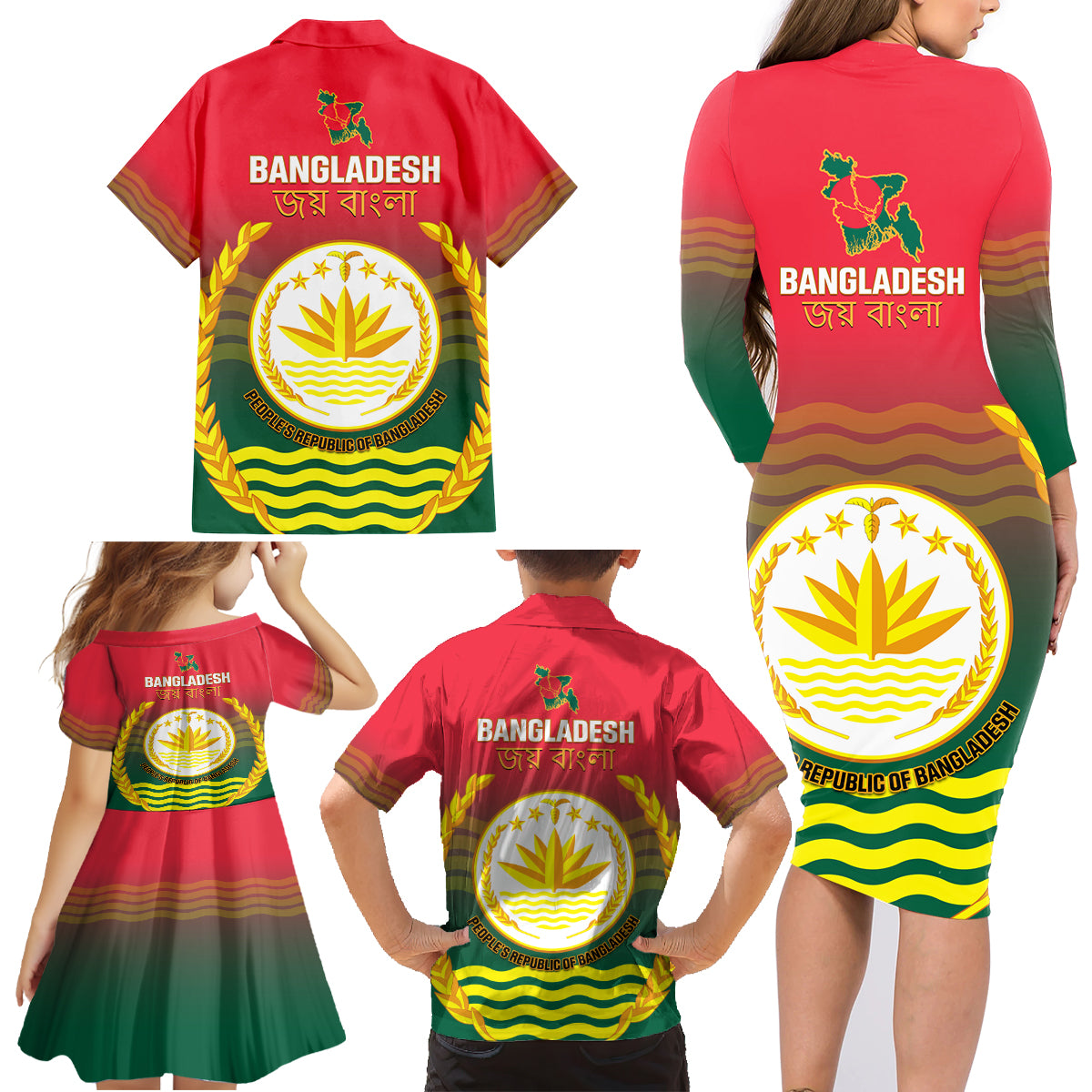 Bangladesh Independence Day Family Matching Long Sleeve Bodycon Dress and Hawaiian Shirt Royal Bengal Tiger With Coat Of Arms - Wonder Print Shop