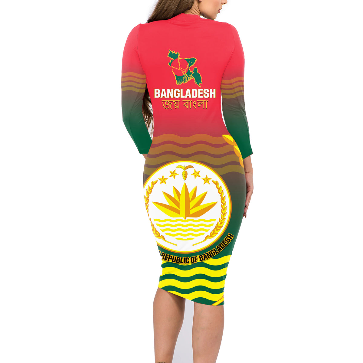 Bangladesh Independence Day Family Matching Long Sleeve Bodycon Dress and Hawaiian Shirt Royal Bengal Tiger With Coat Of Arms - Wonder Print Shop