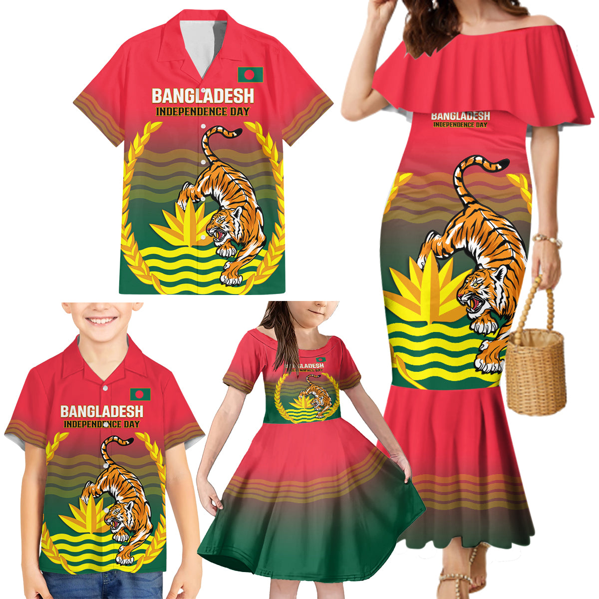 Bangladesh Independence Day Family Matching Mermaid Dress and Hawaiian Shirt Royal Bengal Tiger With Coat Of Arms