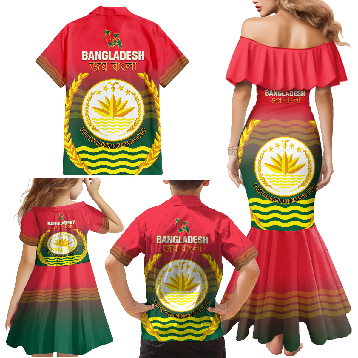 Bangladesh Independence Day Family Matching Mermaid Dress and Hawaiian Shirt Royal Bengal Tiger With Coat Of Arms - Wonder Print Shop