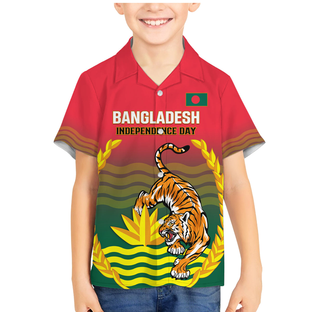 Bangladesh Independence Day Family Matching Mermaid Dress and Hawaiian Shirt Royal Bengal Tiger With Coat Of Arms - Wonder Print Shop