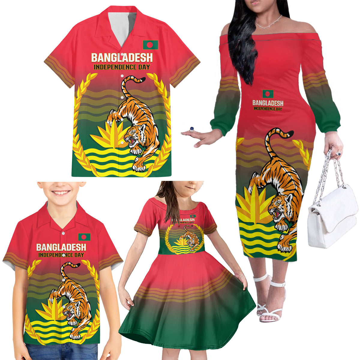Bangladesh Independence Day Family Matching Off Shoulder Long Sleeve Dress and Hawaiian Shirt Royal Bengal Tiger With Coat Of Arms