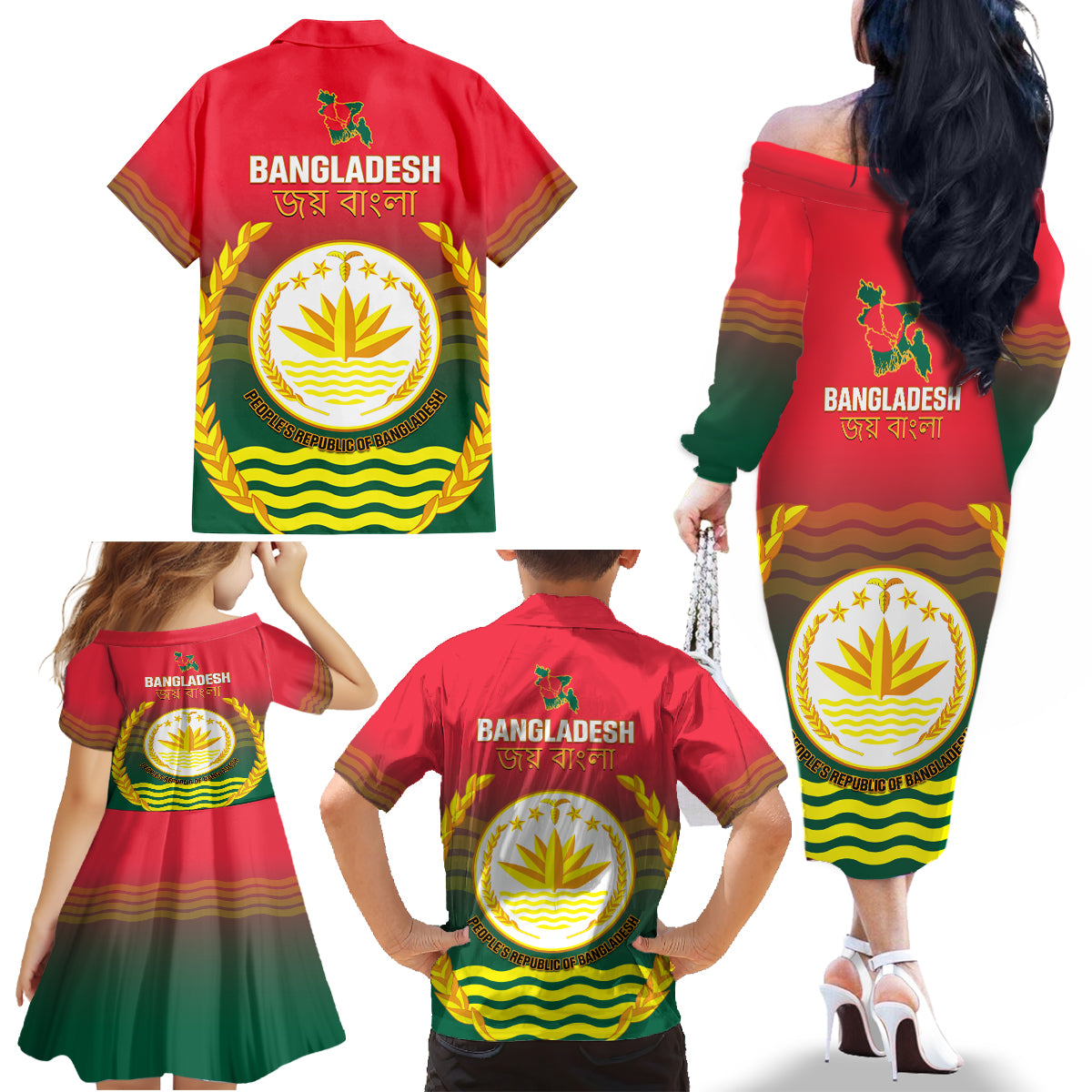 Bangladesh Independence Day Family Matching Off Shoulder Long Sleeve Dress and Hawaiian Shirt Royal Bengal Tiger With Coat Of Arms - Wonder Print Shop
