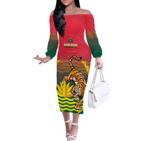Bangladesh Independence Day Family Matching Off Shoulder Long Sleeve Dress and Hawaiian Shirt Royal Bengal Tiger With Coat Of Arms - Wonder Print Shop