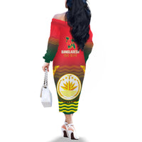 Bangladesh Independence Day Family Matching Off Shoulder Long Sleeve Dress and Hawaiian Shirt Royal Bengal Tiger With Coat Of Arms - Wonder Print Shop