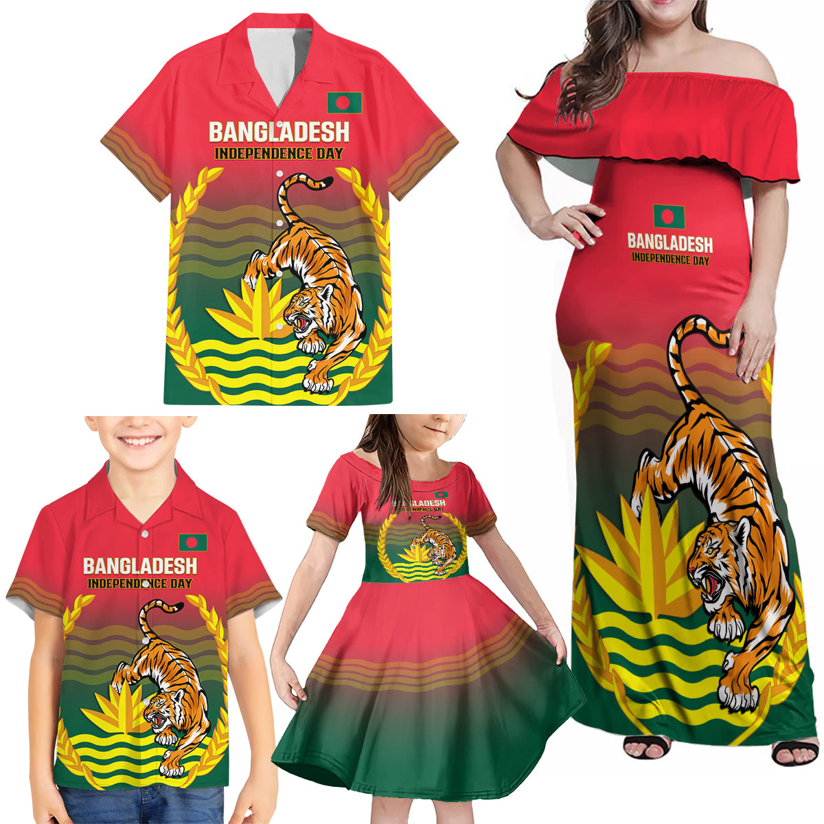 Bangladesh Independence Day Family Matching Off Shoulder Maxi Dress and Hawaiian Shirt Royal Bengal Tiger With Coat Of Arms - Wonder Print Shop