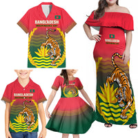 Bangladesh Independence Day Family Matching Off Shoulder Maxi Dress and Hawaiian Shirt Royal Bengal Tiger With Coat Of Arms - Wonder Print Shop