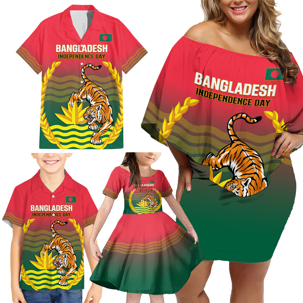 Bangladesh Independence Day Family Matching Off Shoulder Short Dress and Hawaiian Shirt Royal Bengal Tiger With Coat Of Arms - Wonder Print Shop