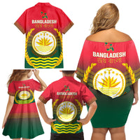 Bangladesh Independence Day Family Matching Off Shoulder Short Dress and Hawaiian Shirt Royal Bengal Tiger With Coat Of Arms - Wonder Print Shop