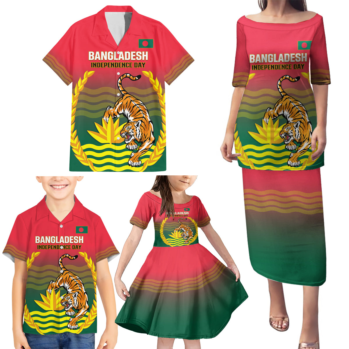 Bangladesh Independence Day Family Matching Puletasi and Hawaiian Shirt Royal Bengal Tiger With Coat Of Arms