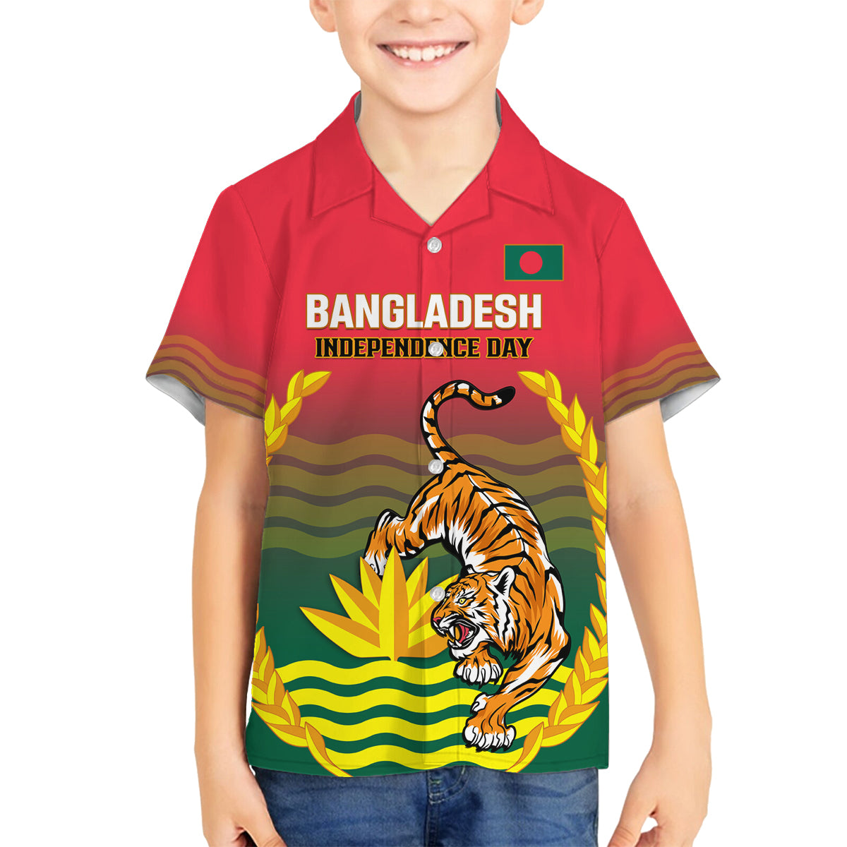 Bangladesh Independence Day Family Matching Puletasi and Hawaiian Shirt Royal Bengal Tiger With Coat Of Arms - Wonder Print Shop
