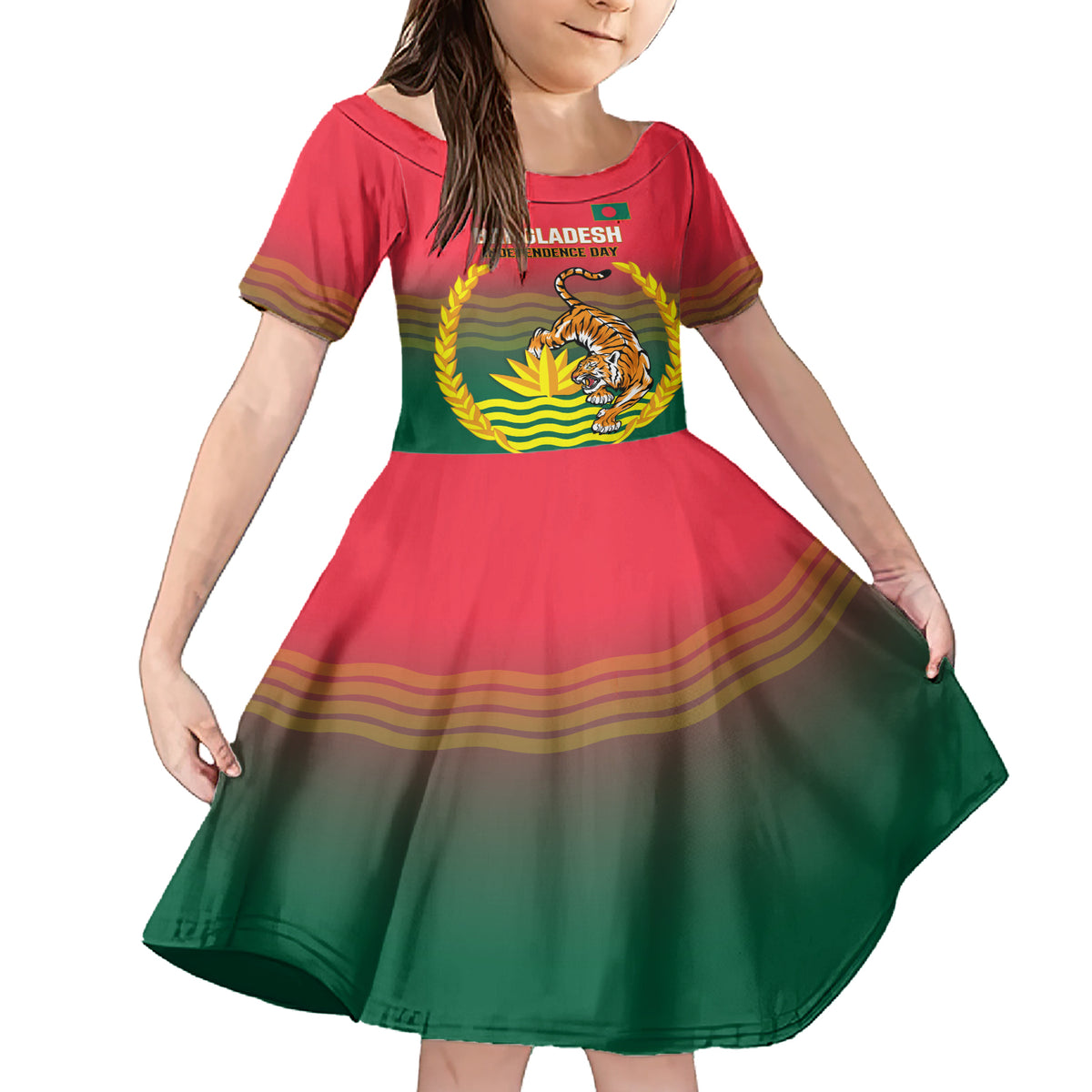 Bangladesh Independence Day Family Matching Short Sleeve Bodycon Dress and Hawaiian Shirt Royal Bengal Tiger With Coat Of Arms - Wonder Print Shop
