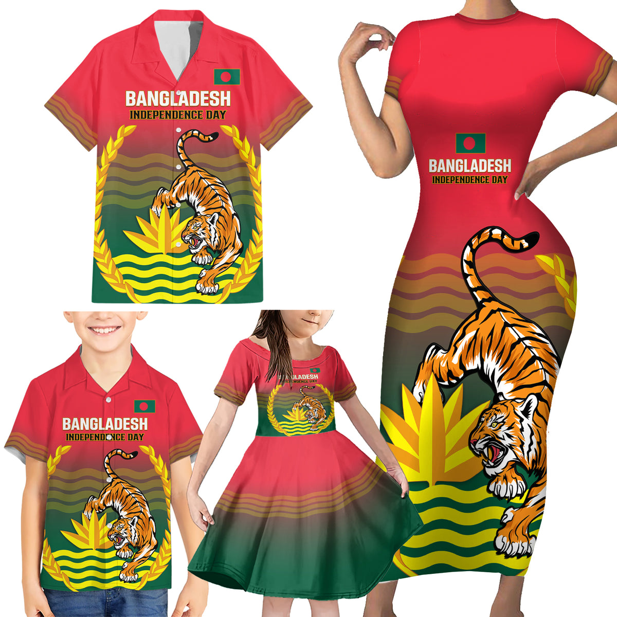 Bangladesh Independence Day Family Matching Short Sleeve Bodycon Dress and Hawaiian Shirt Royal Bengal Tiger With Coat Of Arms - Wonder Print Shop