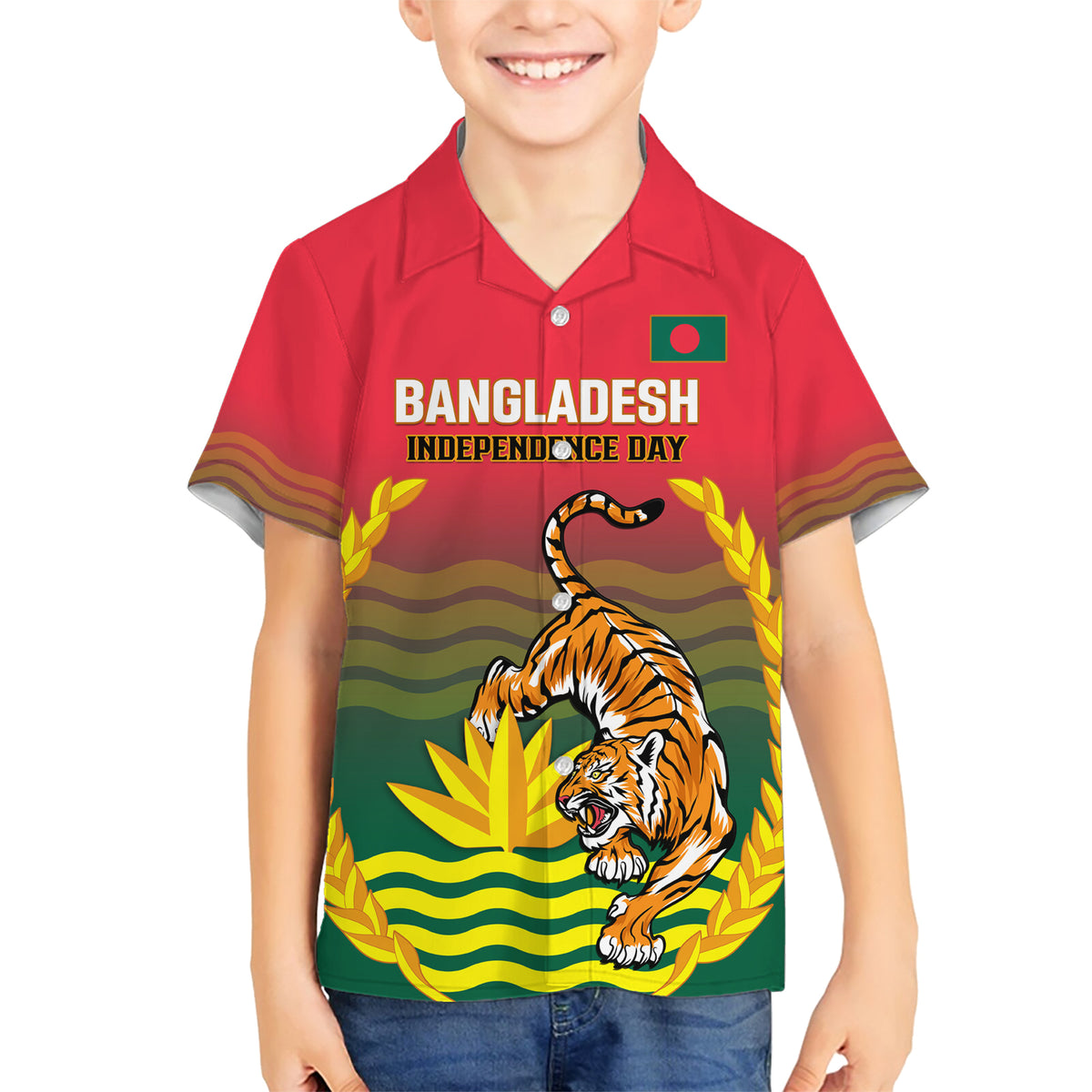 Bangladesh Independence Day Family Matching Short Sleeve Bodycon Dress and Hawaiian Shirt Royal Bengal Tiger With Coat Of Arms - Wonder Print Shop