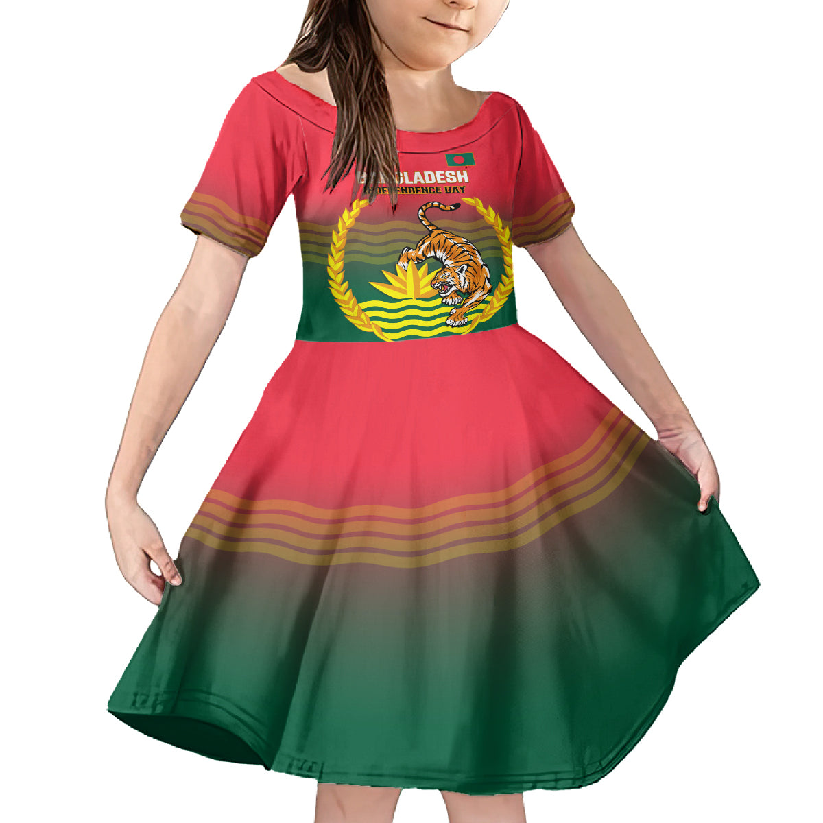 Bangladesh Independence Day Family Matching Summer Maxi Dress and Hawaiian Shirt Royal Bengal Tiger With Coat Of Arms - Wonder Print Shop