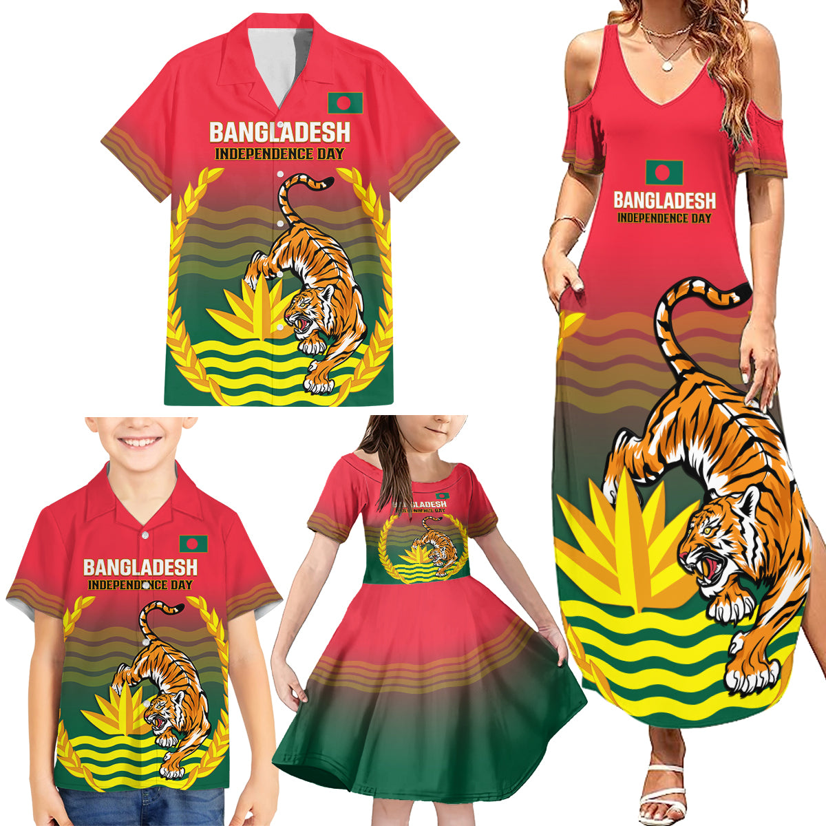 Bangladesh Independence Day Family Matching Summer Maxi Dress and Hawaiian Shirt Royal Bengal Tiger With Coat Of Arms