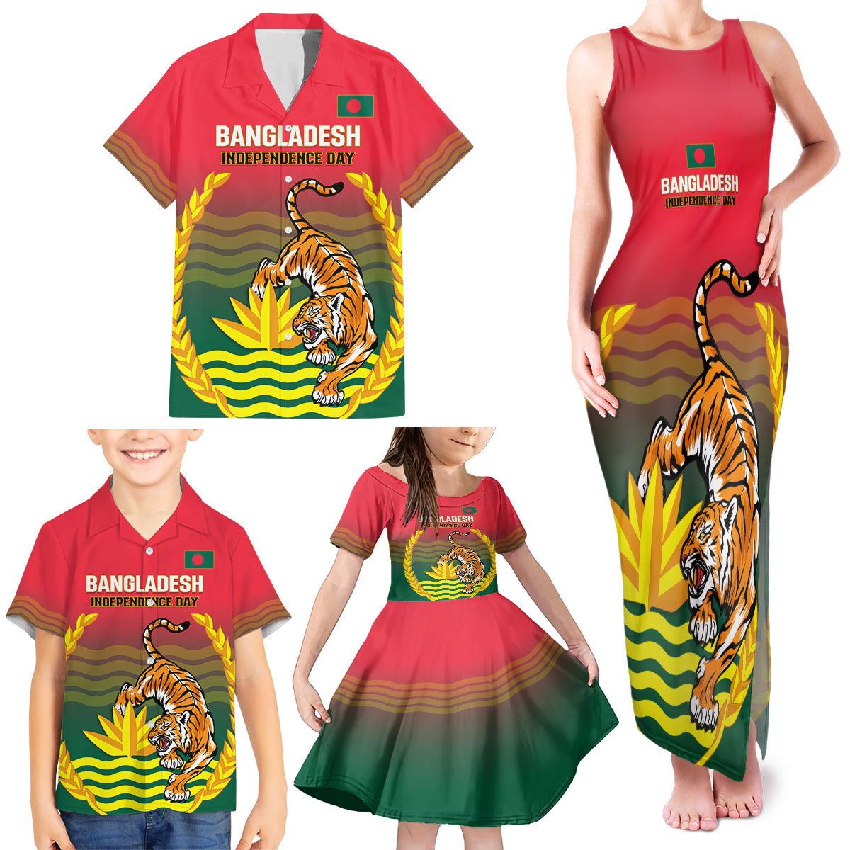 Bangladesh Independence Day Family Matching Tank Maxi Dress and Hawaiian Shirt Royal Bengal Tiger With Coat Of Arms