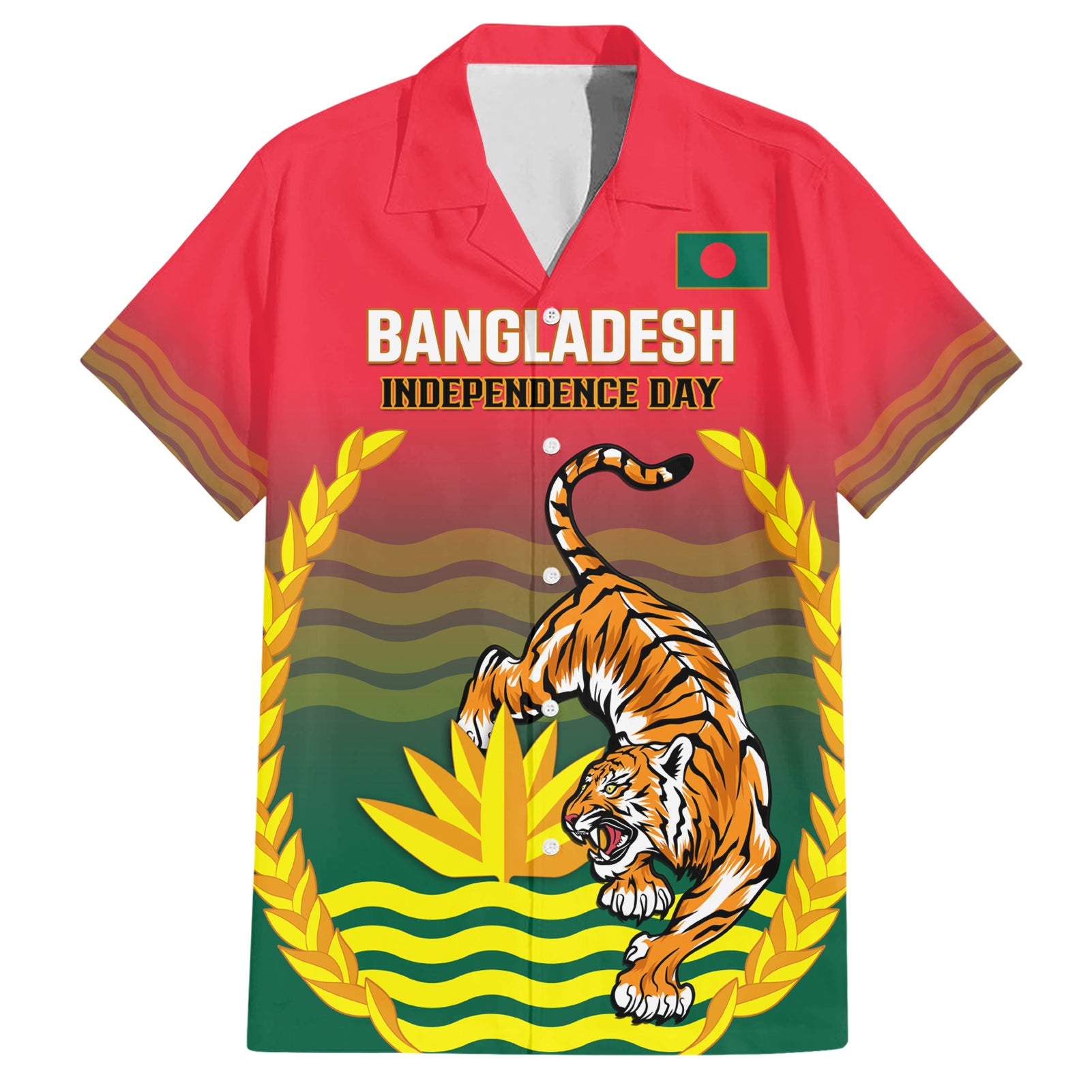 Bangladesh Independence Day Hawaiian Shirt Royal Bengal Tiger With Coat Of Arms