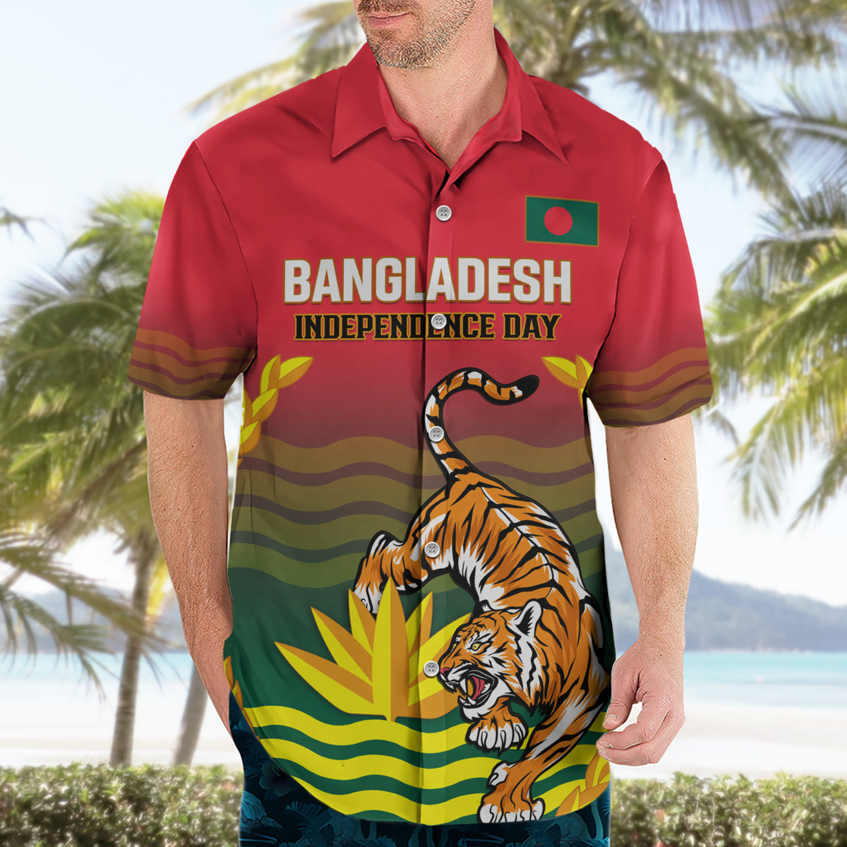 Bangladesh Independence Day Hawaiian Shirt Royal Bengal Tiger With Coat Of Arms - Wonder Print Shop