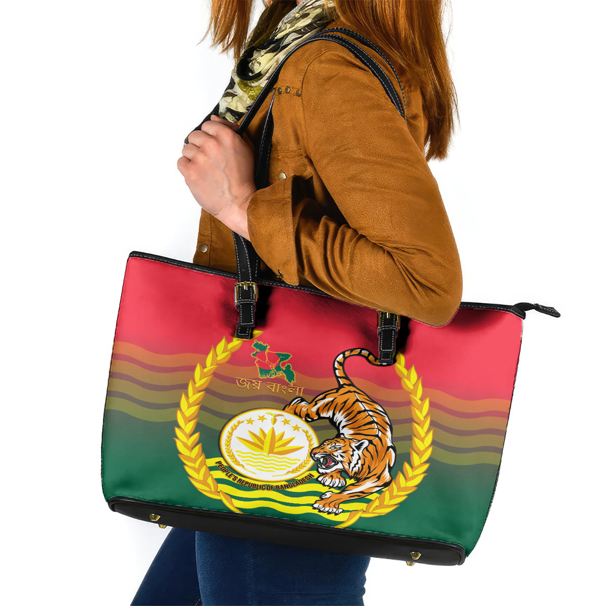 Bangladesh Independence Day Leather Tote Bag Royal Bengal Tiger With Coat Of Arms - Wonder Print Shop
