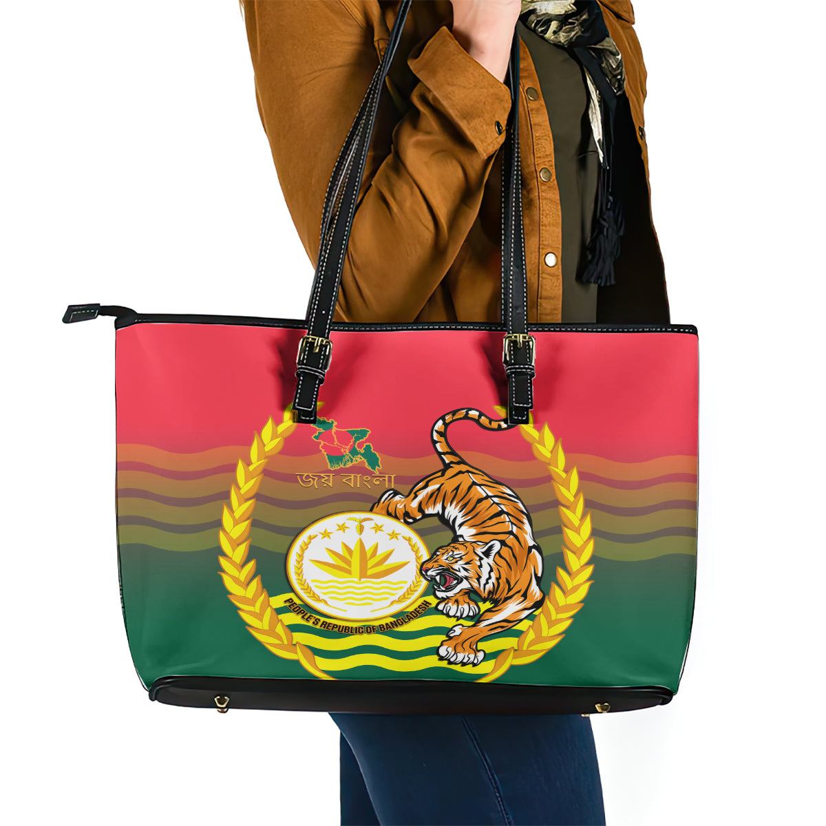 Bangladesh Independence Day Leather Tote Bag Royal Bengal Tiger With Coat Of Arms - Wonder Print Shop