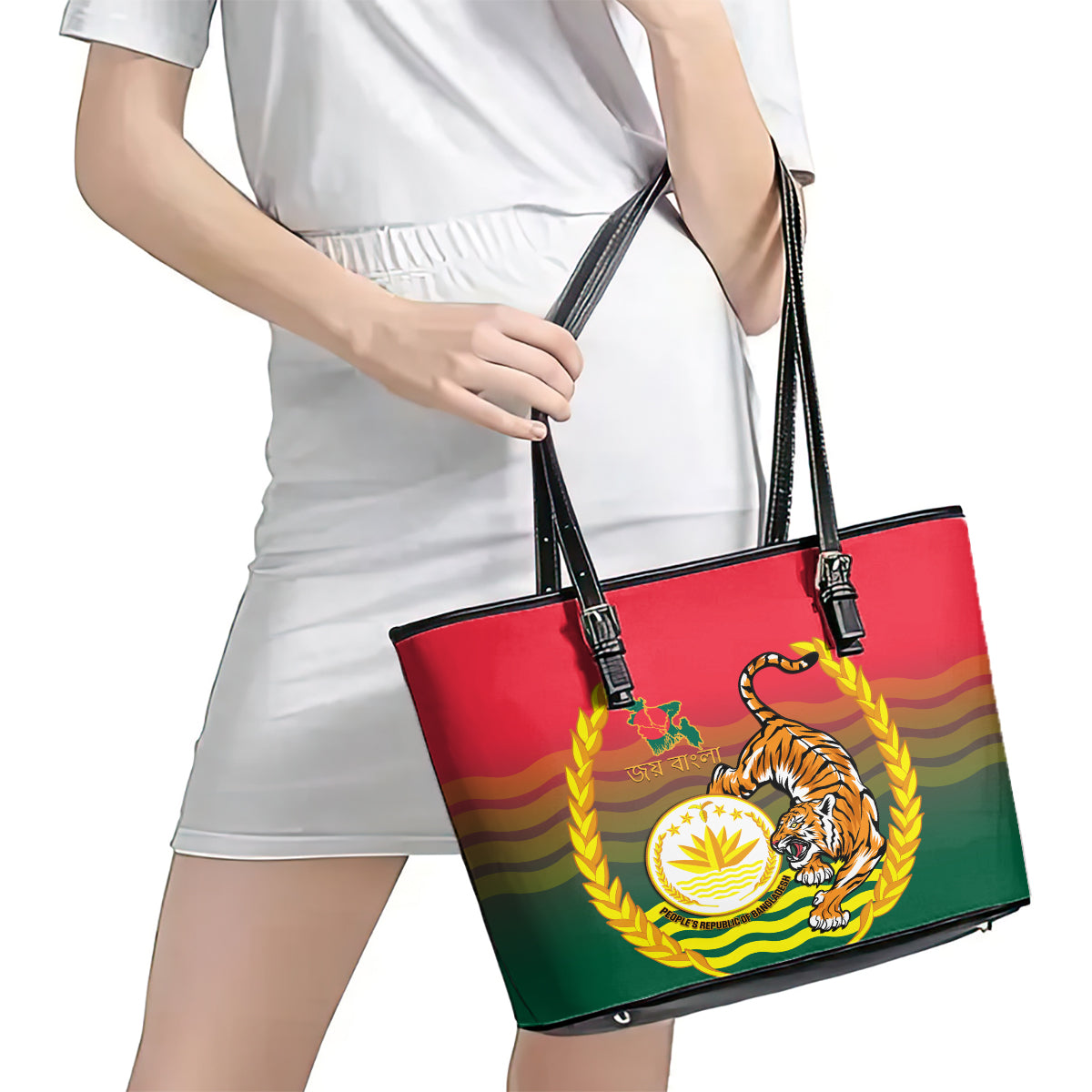 Bangladesh Independence Day Leather Tote Bag Royal Bengal Tiger With Coat Of Arms - Wonder Print Shop