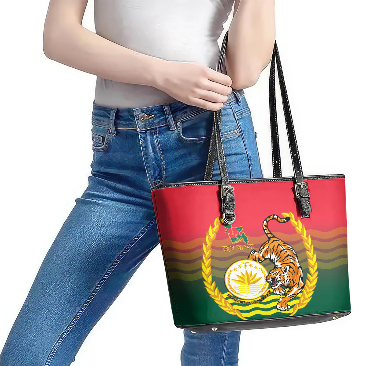 Bangladesh Independence Day Leather Tote Bag Royal Bengal Tiger With Coat Of Arms - Wonder Print Shop