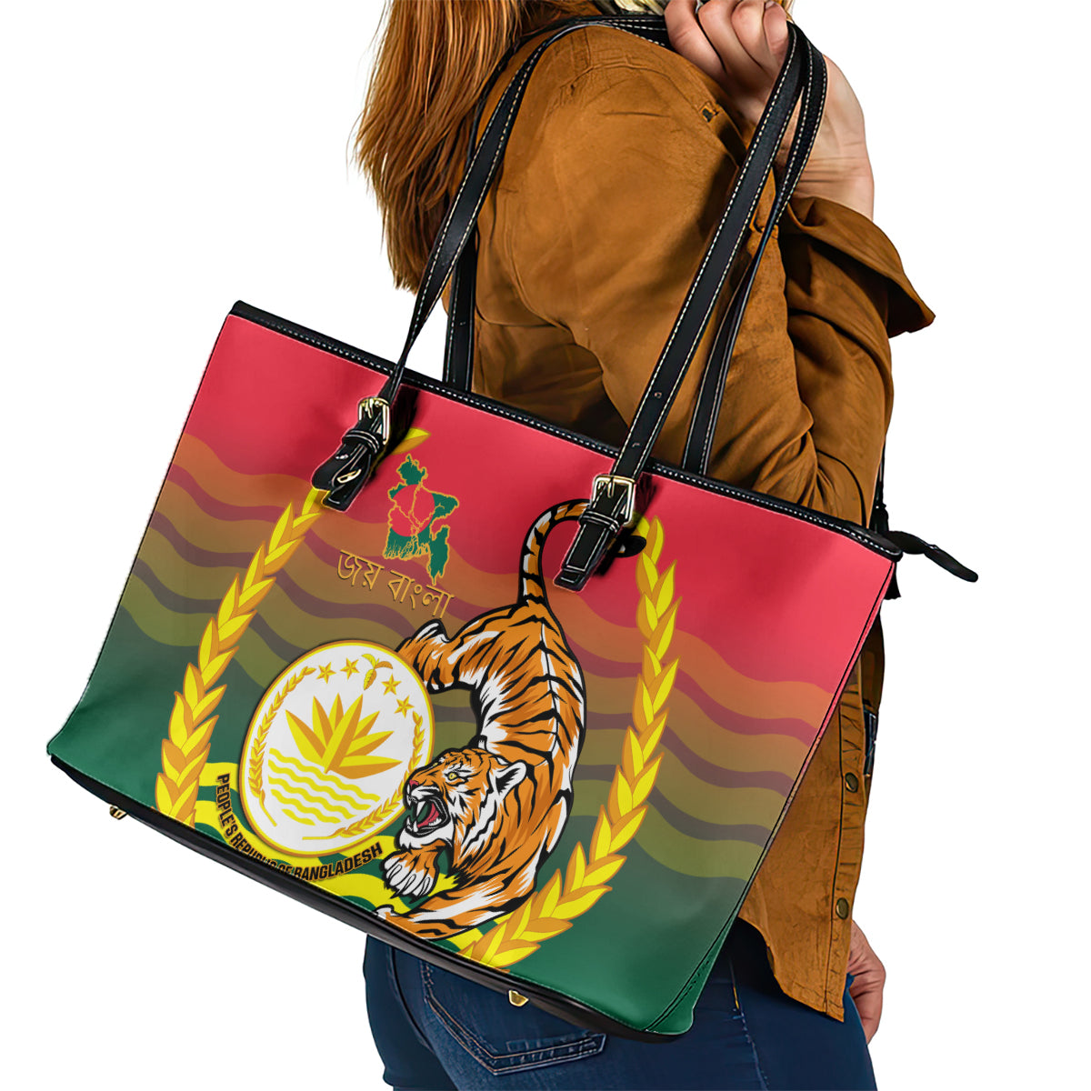 Bangladesh Independence Day Leather Tote Bag Royal Bengal Tiger With Coat Of Arms - Wonder Print Shop