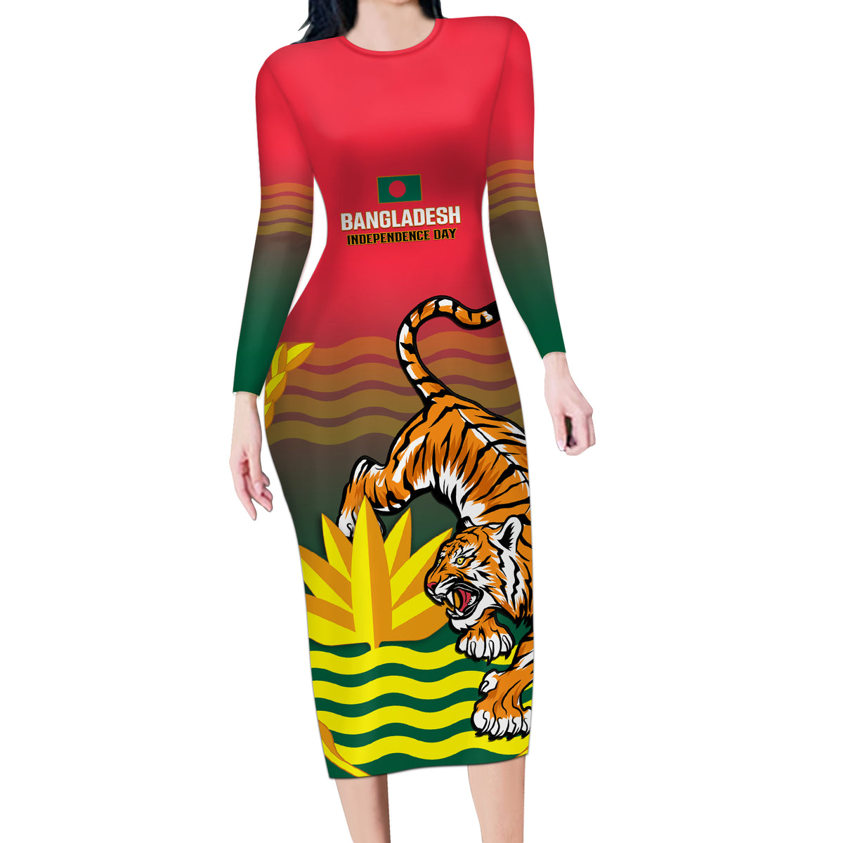 Bangladesh Independence Day Long Sleeve Bodycon Dress Royal Bengal Tiger With Coat Of Arms - Wonder Print Shop