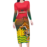 Bangladesh Independence Day Long Sleeve Bodycon Dress Royal Bengal Tiger With Coat Of Arms - Wonder Print Shop