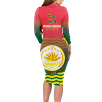 Bangladesh Independence Day Long Sleeve Bodycon Dress Royal Bengal Tiger With Coat Of Arms - Wonder Print Shop
