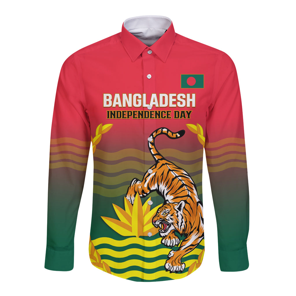 Bangladesh Independence Day Long Sleeve Button Shirt Royal Bengal Tiger With Coat Of Arms - Wonder Print Shop