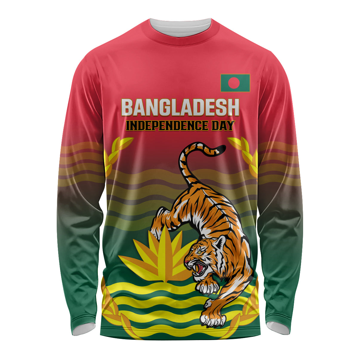 Bangladesh Independence Day Long Sleeve Shirt Royal Bengal Tiger With Coat Of Arms - Wonder Print Shop