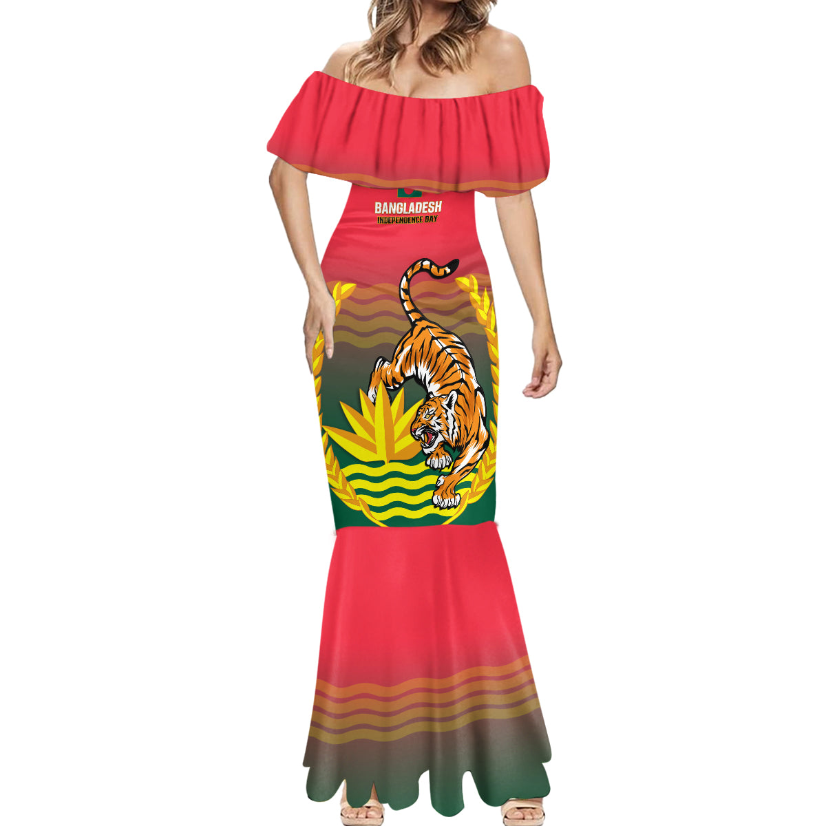 Bangladesh Independence Day Mermaid Dress Royal Bengal Tiger With Coat Of Arms - Wonder Print Shop