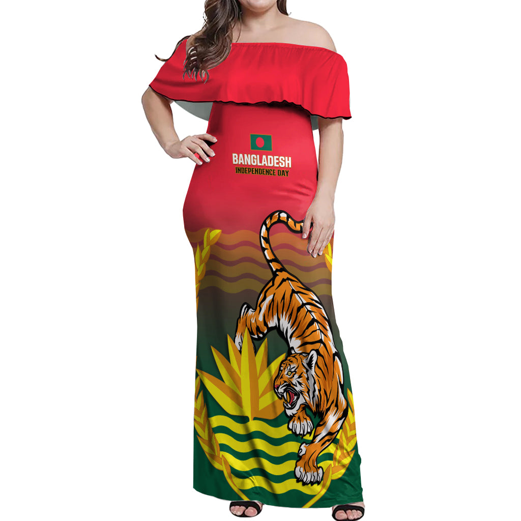 Bangladesh Independence Day Off Shoulder Maxi Dress Royal Bengal Tiger With Coat Of Arms - Wonder Print Shop