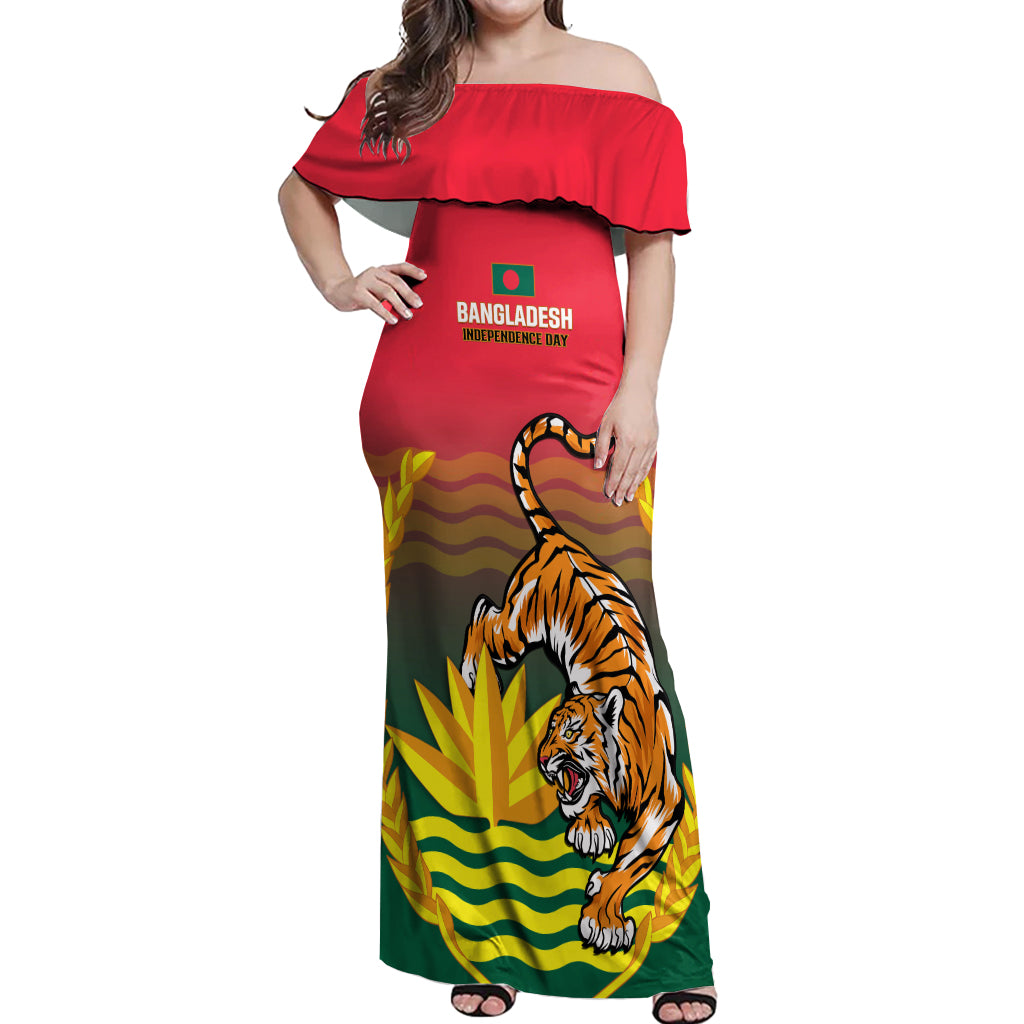 Bangladesh Independence Day Off Shoulder Maxi Dress Royal Bengal Tiger With Coat Of Arms