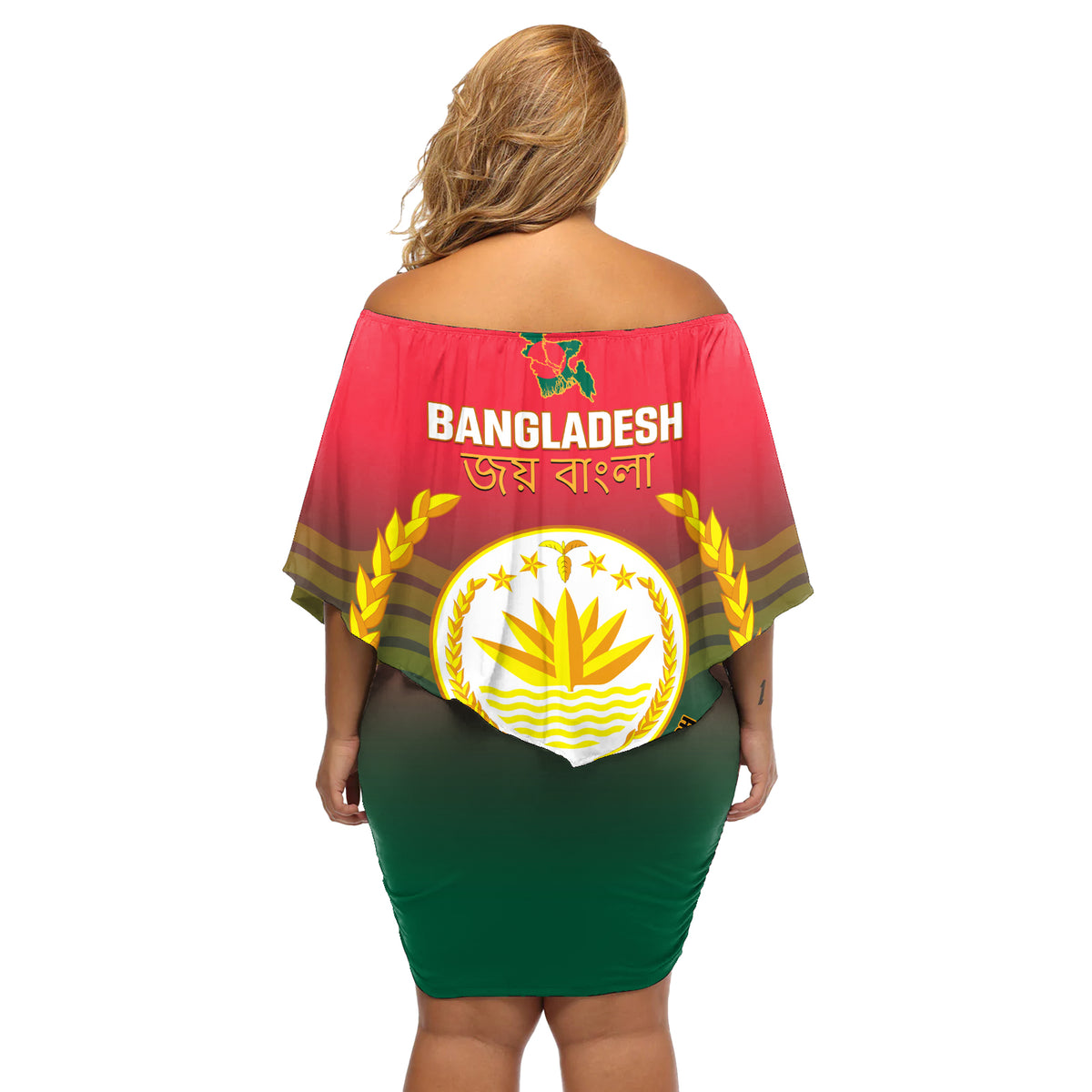 Bangladesh Independence Day Off Shoulder Short Dress Royal Bengal Tiger With Coat Of Arms - Wonder Print Shop