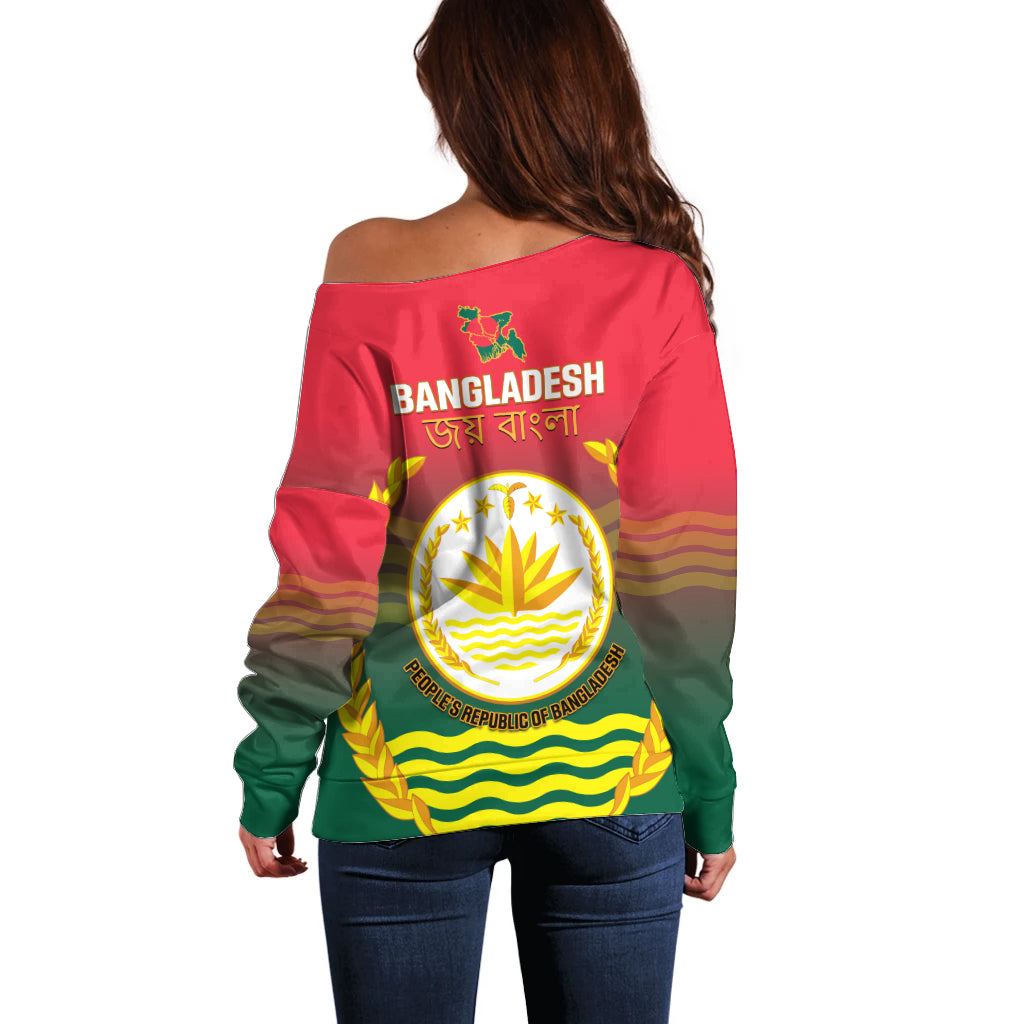 Bangladesh Independence Day Off Shoulder Sweater Royal Bengal Tiger With Coat Of Arms - Wonder Print Shop
