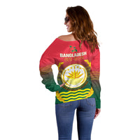 Bangladesh Independence Day Off Shoulder Sweater Royal Bengal Tiger With Coat Of Arms - Wonder Print Shop