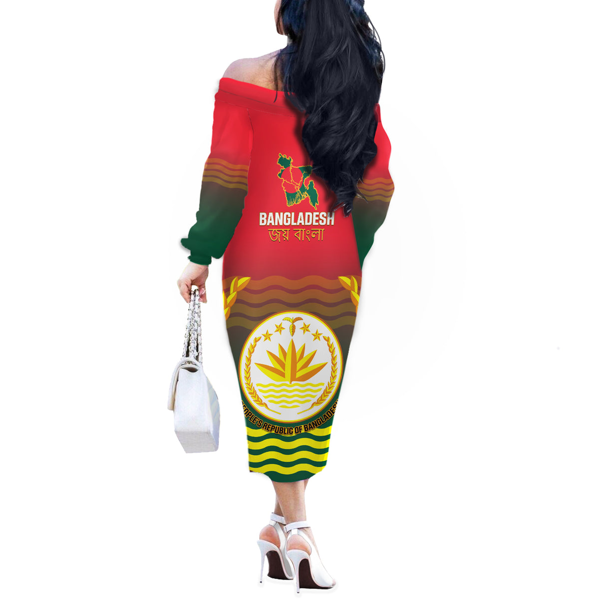 Bangladesh Independence Day Off The Shoulder Long Sleeve Dress Royal Bengal Tiger With Coat Of Arms - Wonder Print Shop