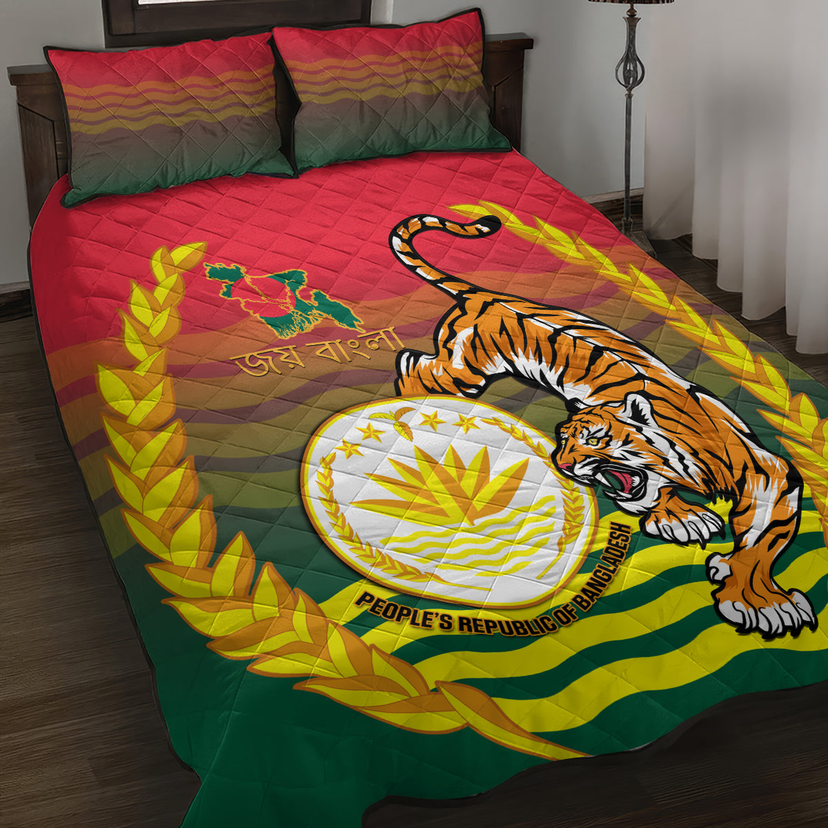 Bangladesh Independence Day Quilt Bed Set Royal Bengal Tiger With Coat Of Arms