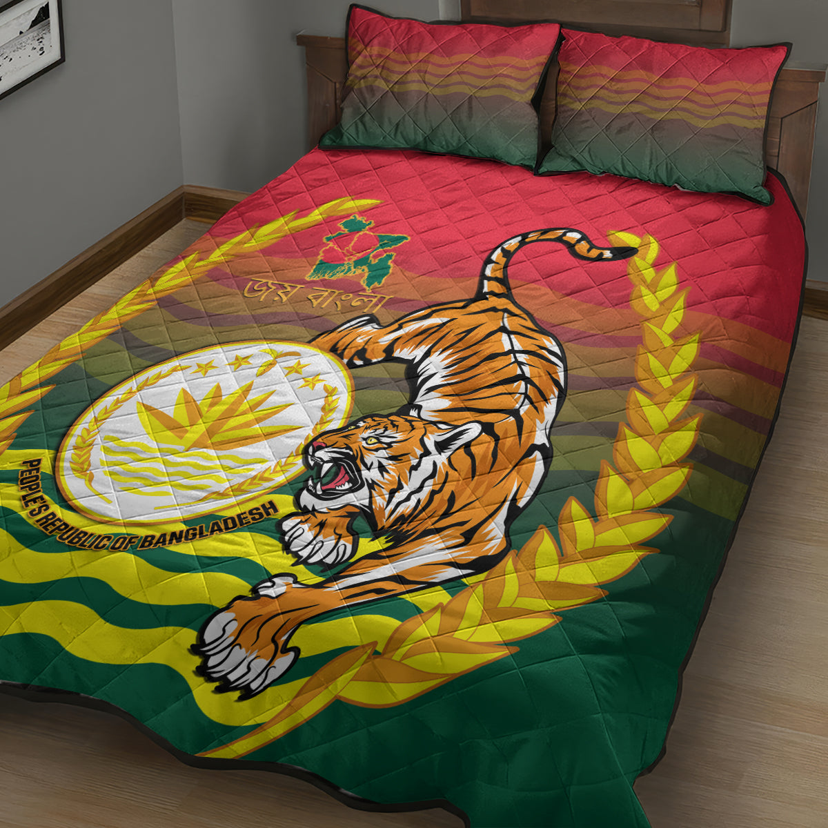 Bangladesh Independence Day Quilt Bed Set Royal Bengal Tiger With Coat Of Arms - Wonder Print Shop