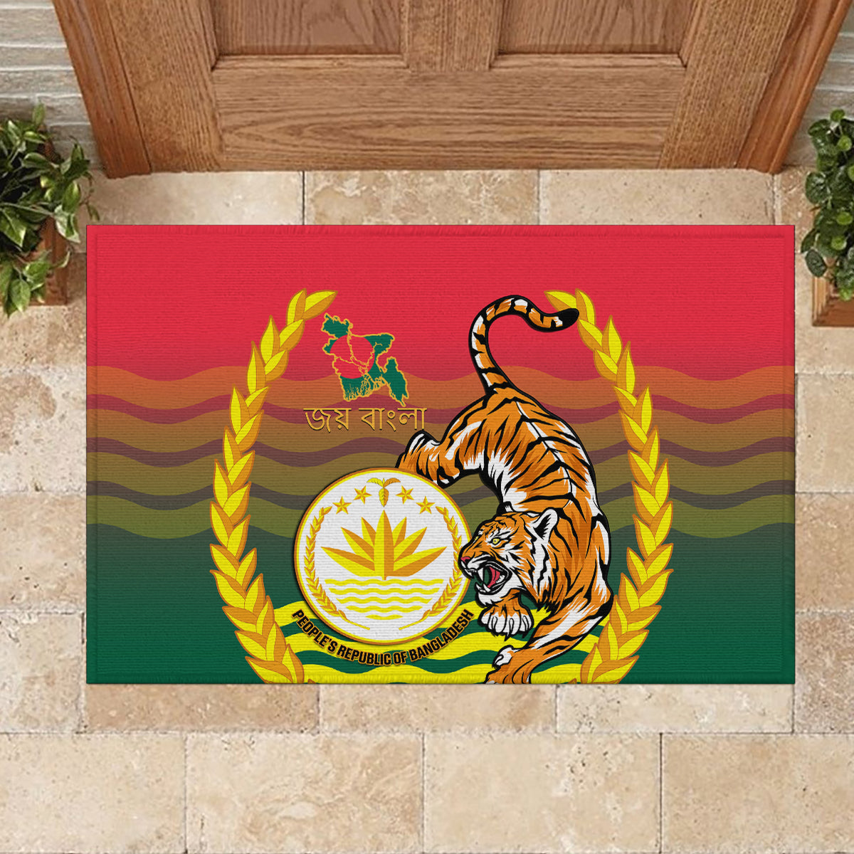 Bangladesh Independence Day Rubber Doormat Royal Bengal Tiger With Coat Of Arms - Wonder Print Shop
