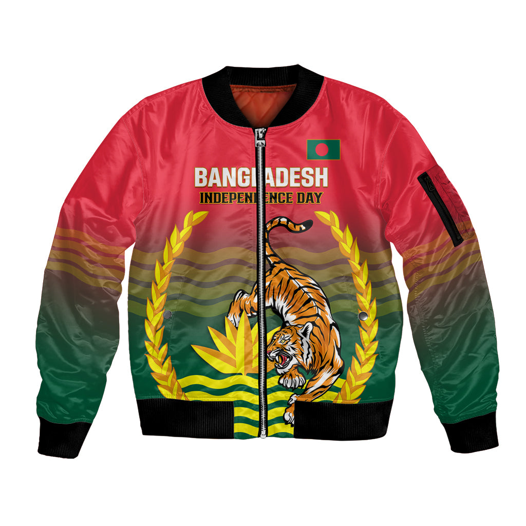 Bangladesh Independence Day Sleeve Zip Bomber Jacket Royal Bengal Tiger With Coat Of Arms - Wonder Print Shop