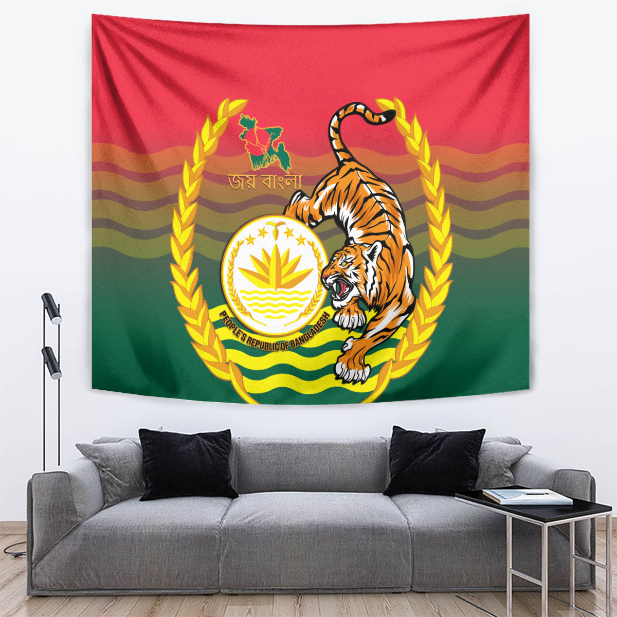 Bangladesh Independence Day Tapestry Royal Bengal Tiger With Coat Of Arms - Wonder Print Shop