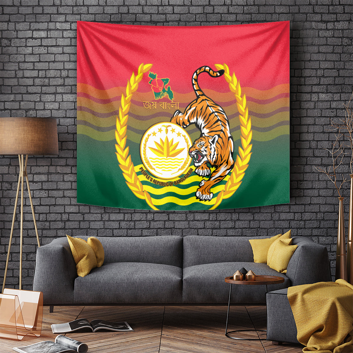 Bangladesh Independence Day Tapestry Royal Bengal Tiger With Coat Of Arms - Wonder Print Shop