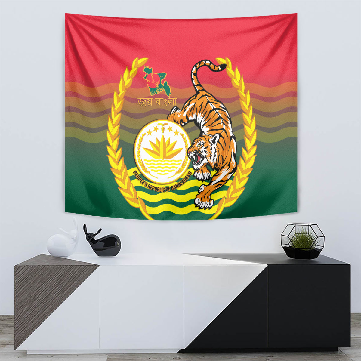 Bangladesh Independence Day Tapestry Royal Bengal Tiger With Coat Of Arms - Wonder Print Shop